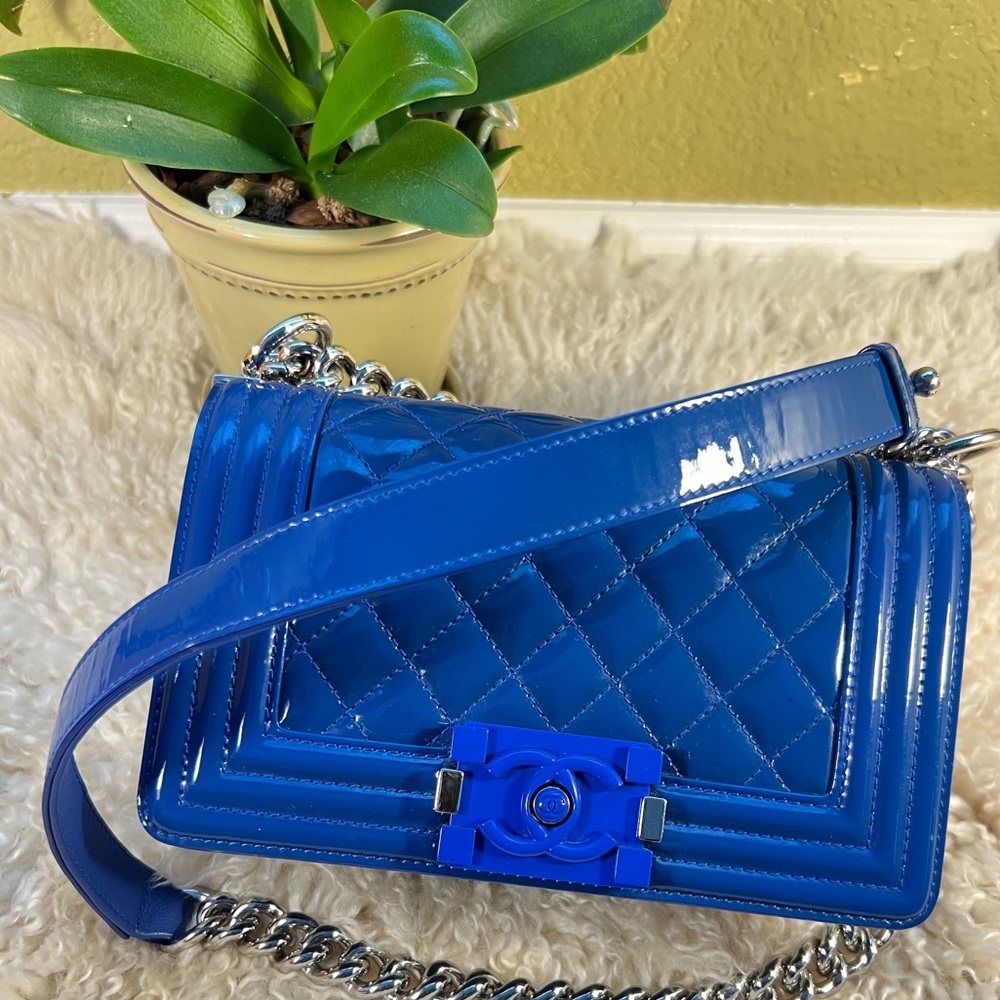 CHANEL Small Boy Bag - Patent Blue Quilted Crossbody Bag with Chain Strap